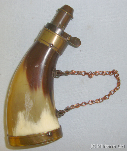  Victorian French Pistol Size Polished Flattened Cow Horn Black Powder Flask With Graduated Brass Charger & Hanging Rings Fitted With Copper Chain Magazine