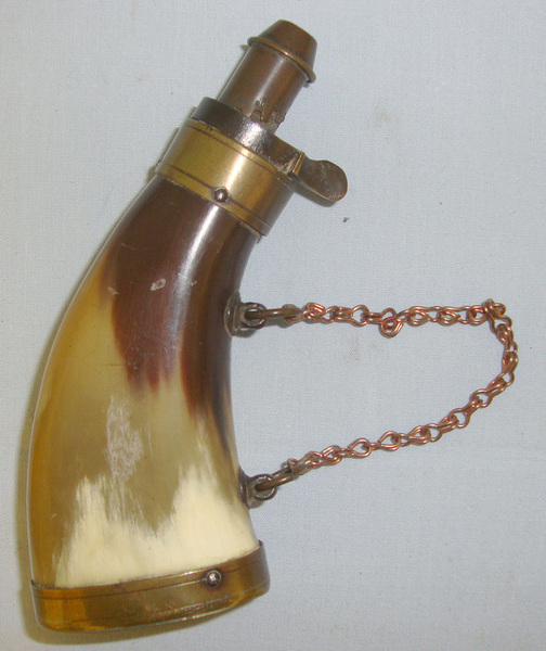  Victorian French Pistol Size Polished Flattened Cow Horn Black Powder Flask With Graduated Brass Charger & Hanging Rings Fitted With Copper Chain Magazine