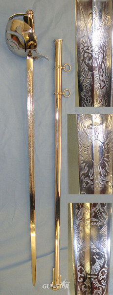  Post WW2 ‘Repubblica Italiana’ Italian Cavalry Or Infantry Officer’s Sword With Etched Blade, Scabbard & Felt Transit Cover. Sword