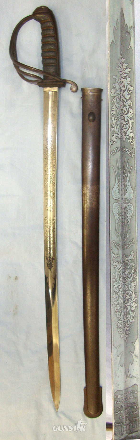 British Officer’s Private Purchase Short Sword Hanger Sidearm With 1821 Pattern Light Cavalry / Mounted Artillery Hilt, & Quality Etched Blade By Firmin & Sons London To The Middlesex Volunteer Artillery & Scabbard. Sn 22645:8 Sword in 