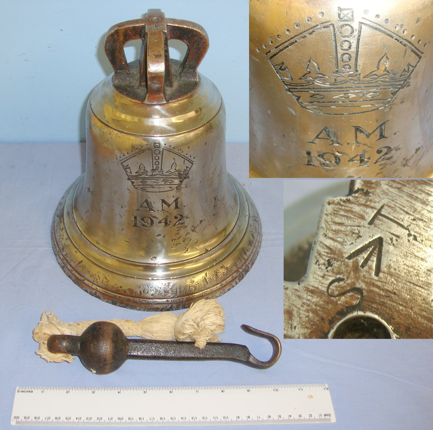 RARE**WW2 1942 King’s Crown Air Ministry & WD Marked Nickel Plated Brass RAF Airfield Scramble Bell  By ‘ST’. Sn 20085 Antique & Militaria