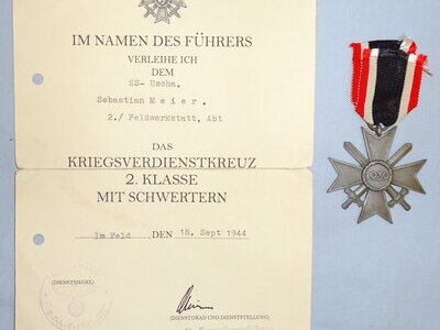 1939 Nazi 2nd Class War Merit Cross Ribbon and Certificate to a SS-Uscha Sebastian Meier . N 178. 1939 Nazi 2nd Class War Merit Cross Ribbon and Certificate to a SS-Uscha Sebastian Meier . N 178. Antique & Militaria