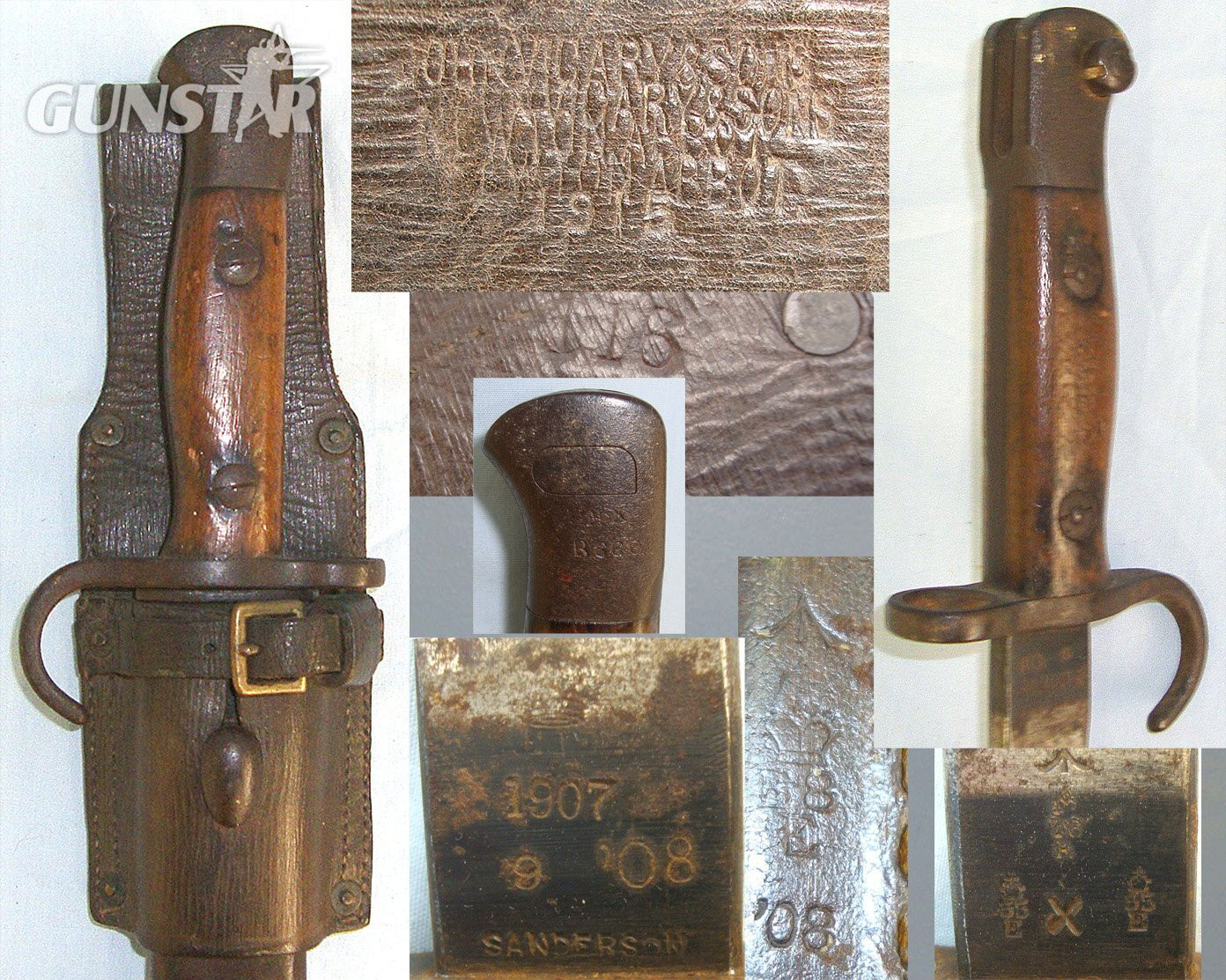 1st YEAR OF PRODUCTION**Pre WW1 1908 Dated British WD 1st Pattern Hook Quillon 1907 Pattern Sword Bayonet By Sanderson Regiment marked ‘MX’ To The Middlesex Regiment Matching Date 1st Pattern Scabbard & 1915 Dated 1914 Pattern Leather Frog. Sn 23632 Bayonet