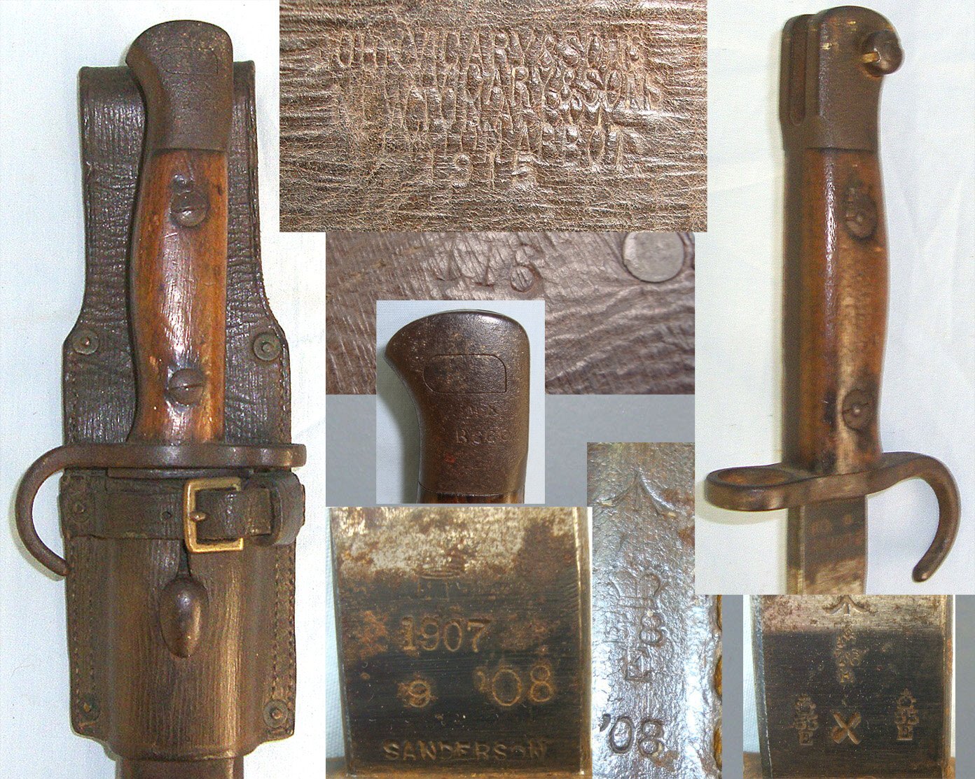1st YEAR OF PRODUCTION**Pre WW1 1908 Dated British WD 1st Pattern Hook Quillon 1907 Pattern Sword Bayonet By Sanderson Regiment marked ‘MX’ To The Middlesex Regiment Matching Date 1st Pattern Scabbard & 1915 Dated 1914 Pattern Leather Frog. Sn 23632 Bayonet