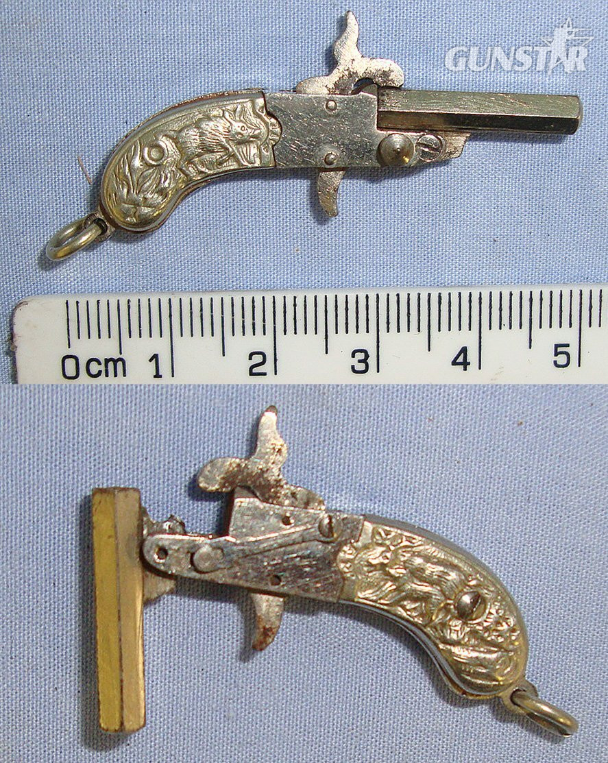 MINIATURE**EXPERTLY CRAFTED**Austrian Late 19th Century Break Action Pin Fire Metal Pistol With Wild Boar In The Field Decorated German Silver Grips. Sn 23564:1 pin fire miniature Obsolete Single Shot in 