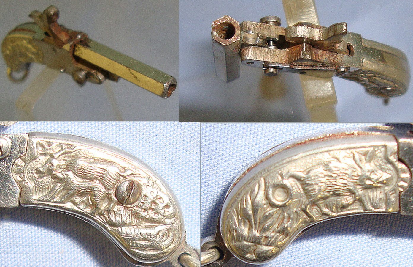 MINIATURE**EXPERTLY CRAFTED**Austrian Late 19th Century Break Action Pin Fire Metal Pistol With Wild Boar In The Field Decorated German Silver Grips. Sn 23564:1 pin fire miniature Obsolete Single Shot