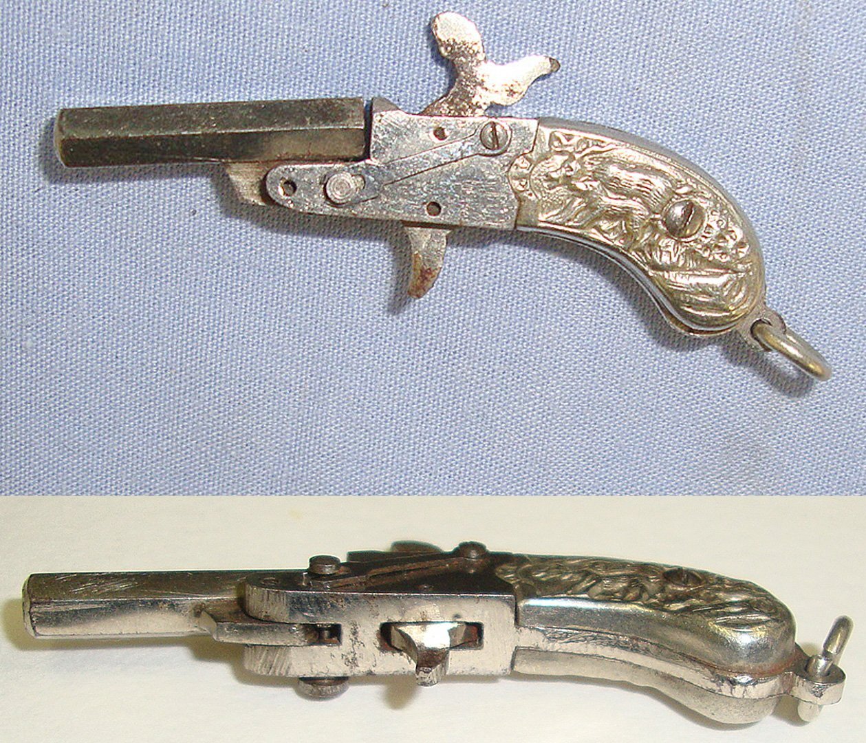  MINIATURE**EXPERTLY CRAFTED**Austrian Late 19th Century Break Action Pin Fire Metal Pistol With Wild Boar In The Field Decorated German Silver Grips. Sn 23564:1 pin fire miniature Obsolete Single Shot