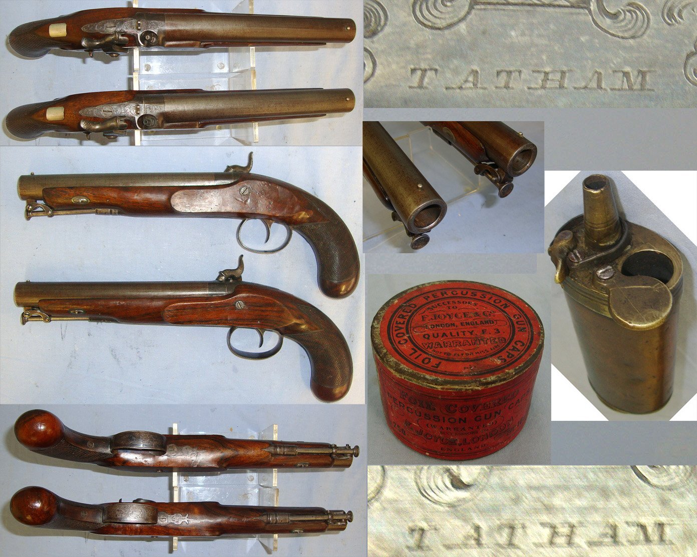QUALITY**Cased, Pair Of Victorian C1840 Tatham 37 Charing Cross London 16 Bore Percussion Traveling Pistols With Captive Steel Ram Rods & Accessories Case Named To ‘Hy Smith Esq RE 2nd Bucks Hussars’. Sn 23484:15 percussion 16 Bore/gauge Muzzleloader