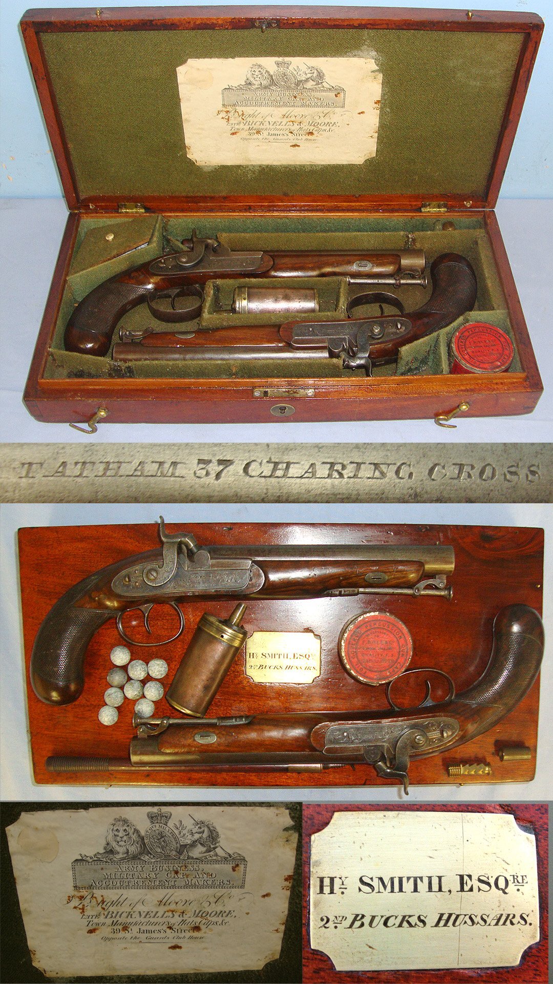  QUALITY**Cased, Pair Of Victorian C1840 Tatham 37 Charing Cross London 16 Bore Percussion Traveling Pistols With Captive Steel Ram Rods & Accessories Case Named To ‘Hy Smith Esq RE 2nd Bucks Hussars’. Sn 23484:15 percussion 16 Bore/gauge Muzzleloader