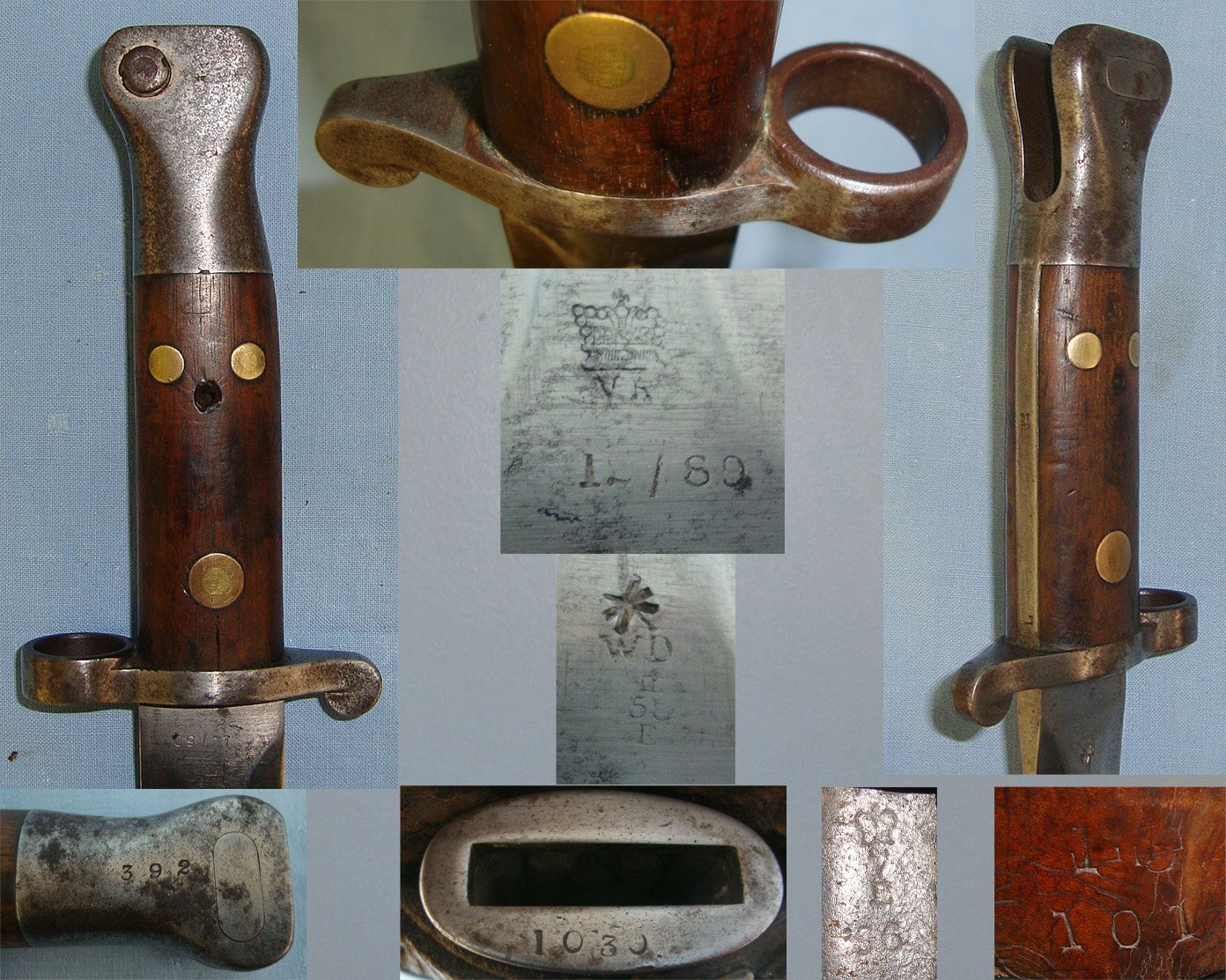 RARE**1889 Dated Boer War Era British WD 3 Rivet, 1st Type, 1st Pattern, P.1888 Lee Metford Bayonet, Scabbard & Leather Frog. Sn 23305  Bayonet