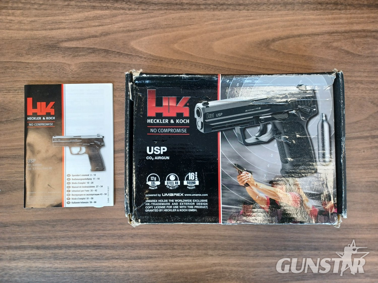 Umarex H&K USP CO₂ Airgun Manufacturer: Umarex, licensed by Heckler & Koch Calibre: 4.5 mm / .177 Ammunition: Steel BB Power source: 12 g CO₂ Magazine: 16-round .17 in 