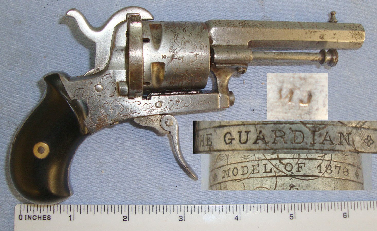 Liege Belgium ‘MJ’ Michel Jamar ‘The Guardian Model Of 1878’ 7mm Pinfire Obsolete Calibre 5 Shot Revolver With Folding Trigger & Captive Ejector Rod. A 1123 With Folding Trigger & Captive Ejector Rod. A 1123 7mm Revolver