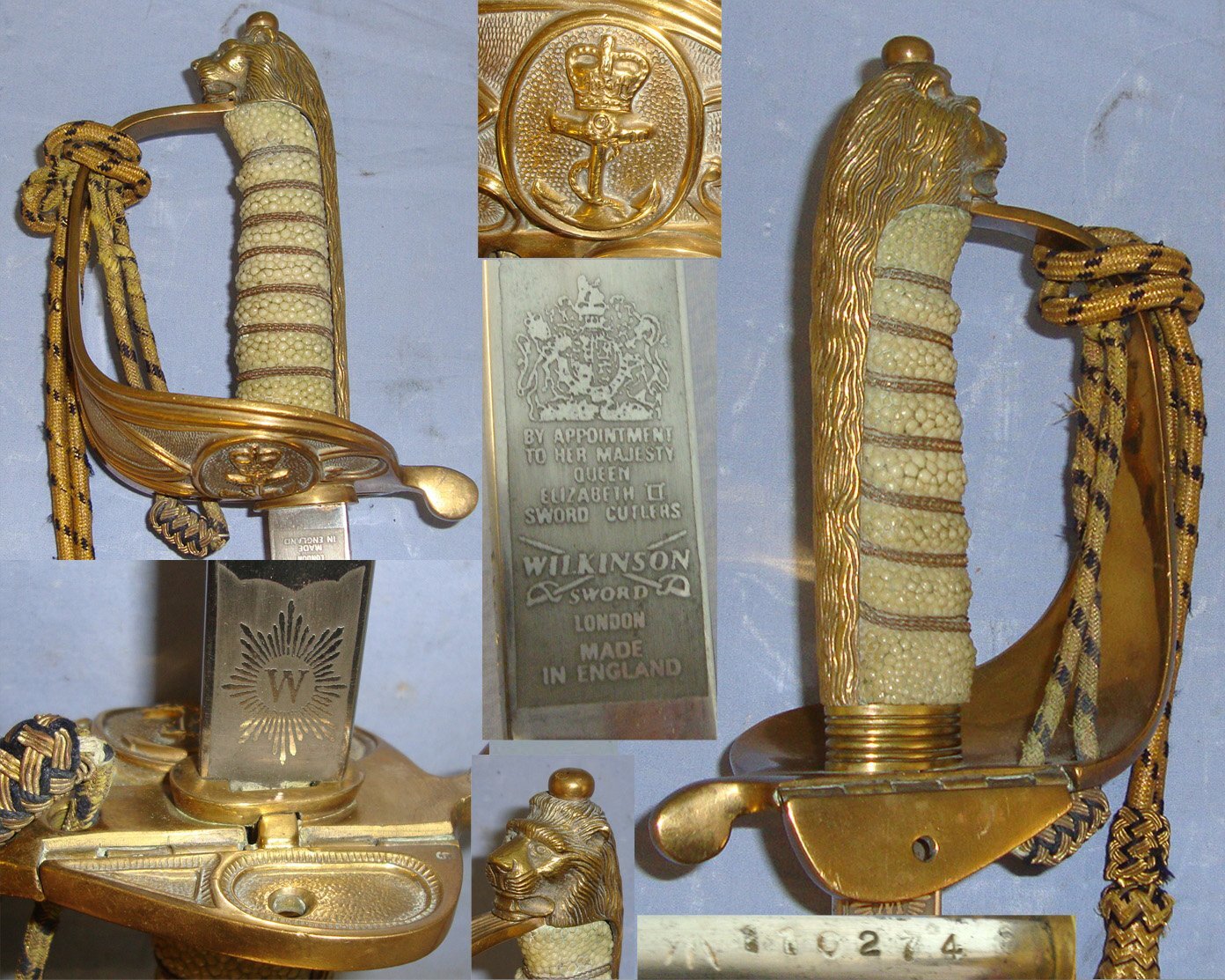 Post 1952 QE II British WD Pattern 1827 Wilkinson Sword Royal Navy Officer’s Sword With Etched Blade Bullion Cord, Portepee and Scabbard. Sn 22120 Sword
