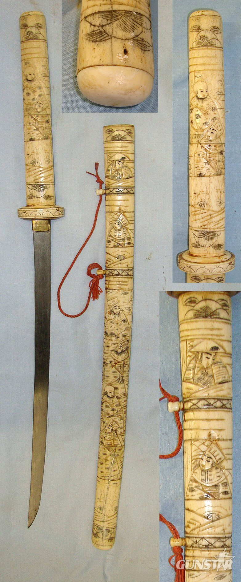  Victorian Era Japanese Tourist Export Wakizashi Short Sword With Ornately Hand Carved Ox Bone Handle & Scabbard With Original Plaited Silk Hanging Cord. Sn 23303  Sword