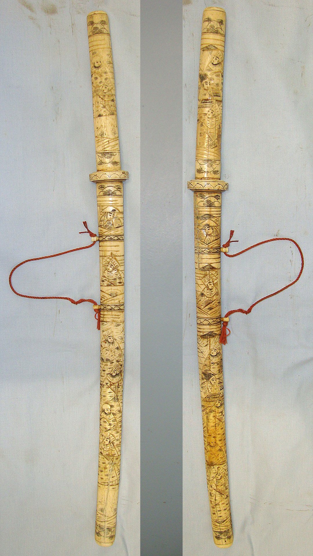 Victorian Era Japanese Tourist Export Wakizashi Short Sword With Ornately Hand Carved Ox Bone Handle & Scabbard With Original Plaited Silk Hanging Cord. Sn 23303  Sword