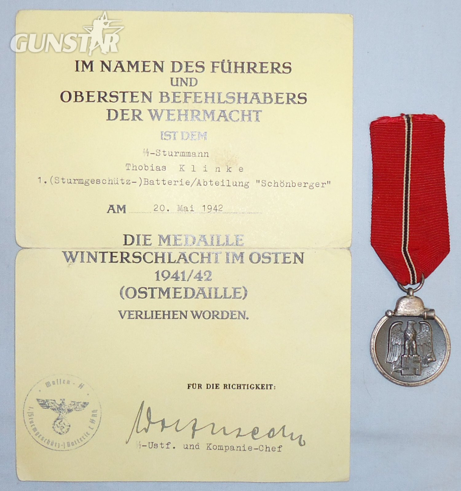 WWII German Winter Battle in the East 1941–42 Medal (Eastern Medal) and Ribbon with Certificate to a SS-Sturman Thobias Klinke Dated 1942. N 180. WWII German Winter Battle in the East 1941–42 Medal (Eastern Medal) and Ribbon with Certificate to a SS-Sturman Thobias Klinke Dated 1942. N 180. Antique & Militaria in 