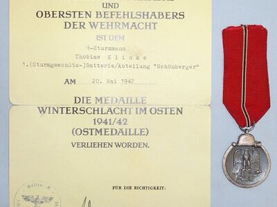 WWII German Winter Battle in the East 1941–42 Medal (Eastern Medal) and Ribbon with Certificate to a SS-Sturman Thobias Klinke Dated 1942. N 180. WWII German Winter Battle in the East 1941–42 Medal (Eastern Medal) and Ribbon with Certificate to a SS-Sturman Thobias Klinke Dated 1942. N 180. Antique & Militaria