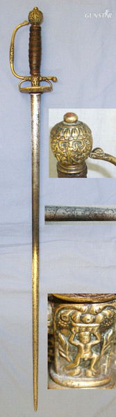 C1750 French Or German Form Gentleman’s Sword With Etched Blade ‘1475’ (Possible Commemorative Date) & Ornate Cast Brass Fittings Sword in 