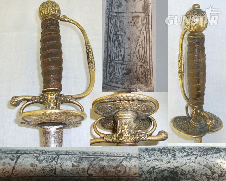 C1750 French Or German Form Gentleman’s Sword With Etched Blade ‘1475’ (Possible Commemorative Date) & Ornate Cast Brass Fittings Sword
