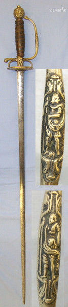  C1750 French Or German Form Gentleman’s Sword With Etched Blade ‘1475’ (Possible Commemorative Date) & Ornate Cast Brass Fittings Sword