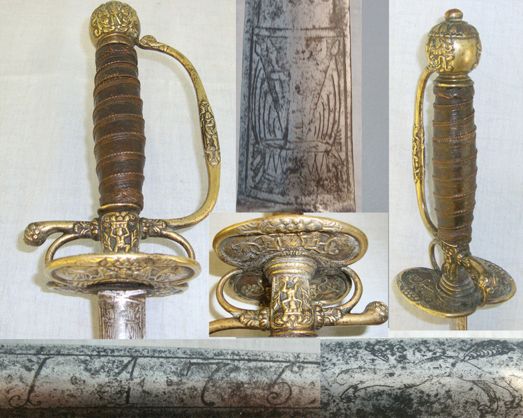 C1750 French Or German Form Gentleman’s Sword With Etched Blade ‘1475’ (Possible Commemorative Date) & Ornate Cast Brass Fittings Sword