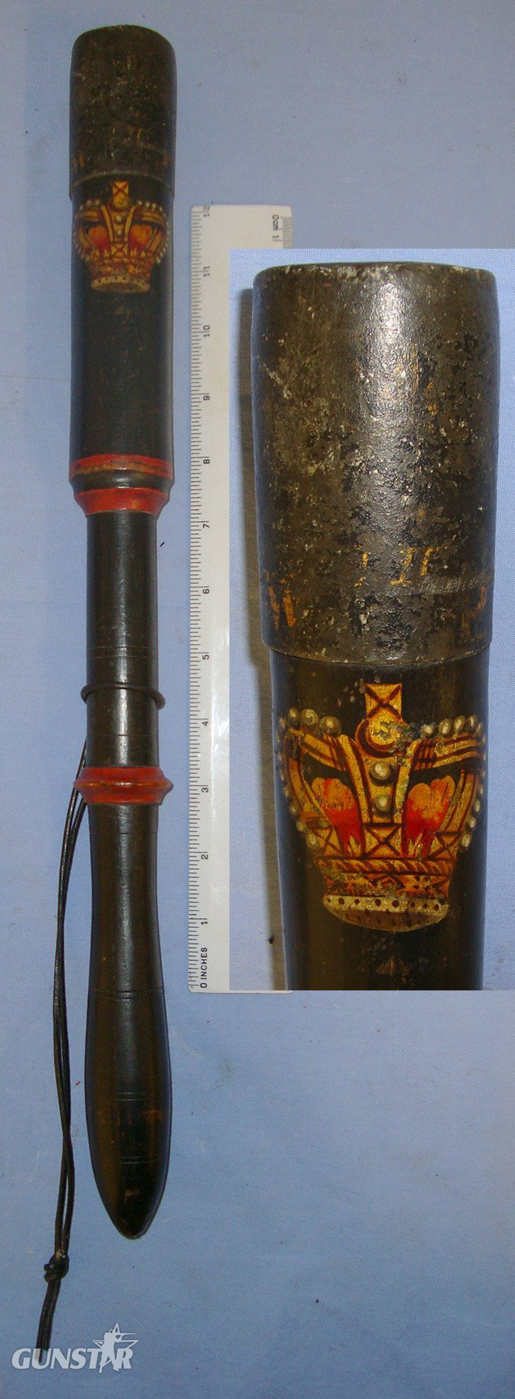 1830-1837 British William IV Hand Painted Ebonised Wood Police Constabulary Tip Staff / Truncheon With Weighted Lead Cudgel Cap. Sn 21387  Antique & Militaria in 