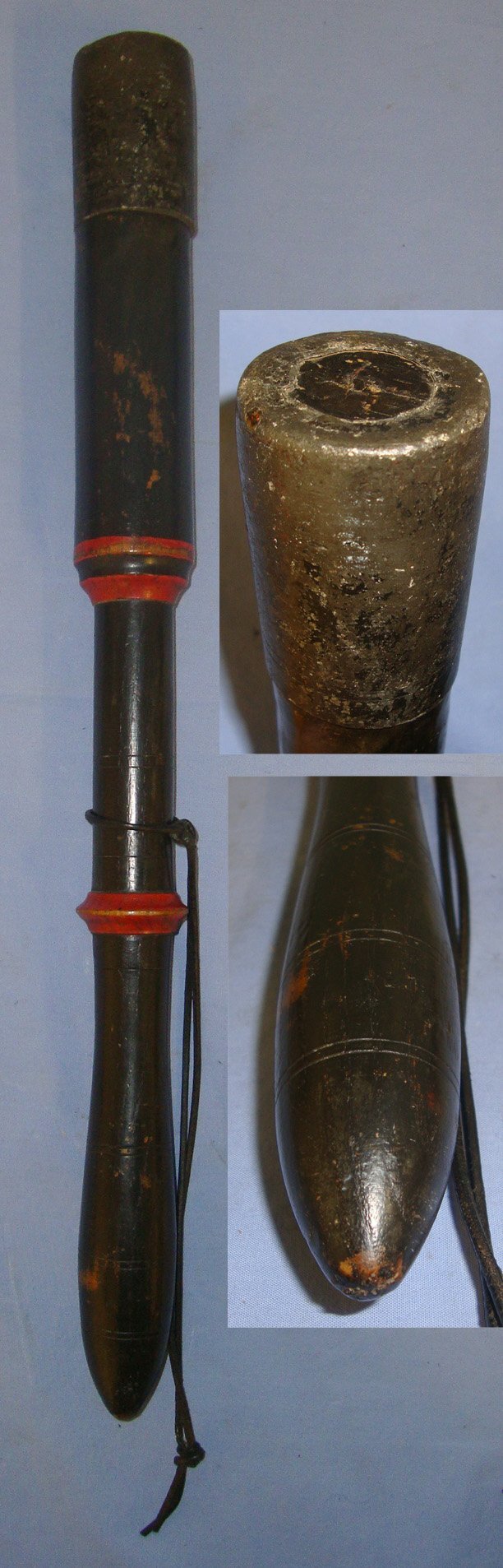  1830-1837 British William IV Hand Painted Ebonised Wood Police Constabulary Tip Staff / Truncheon With Weighted Lead Cudgel Cap. Sn 21387  Antique & Militaria