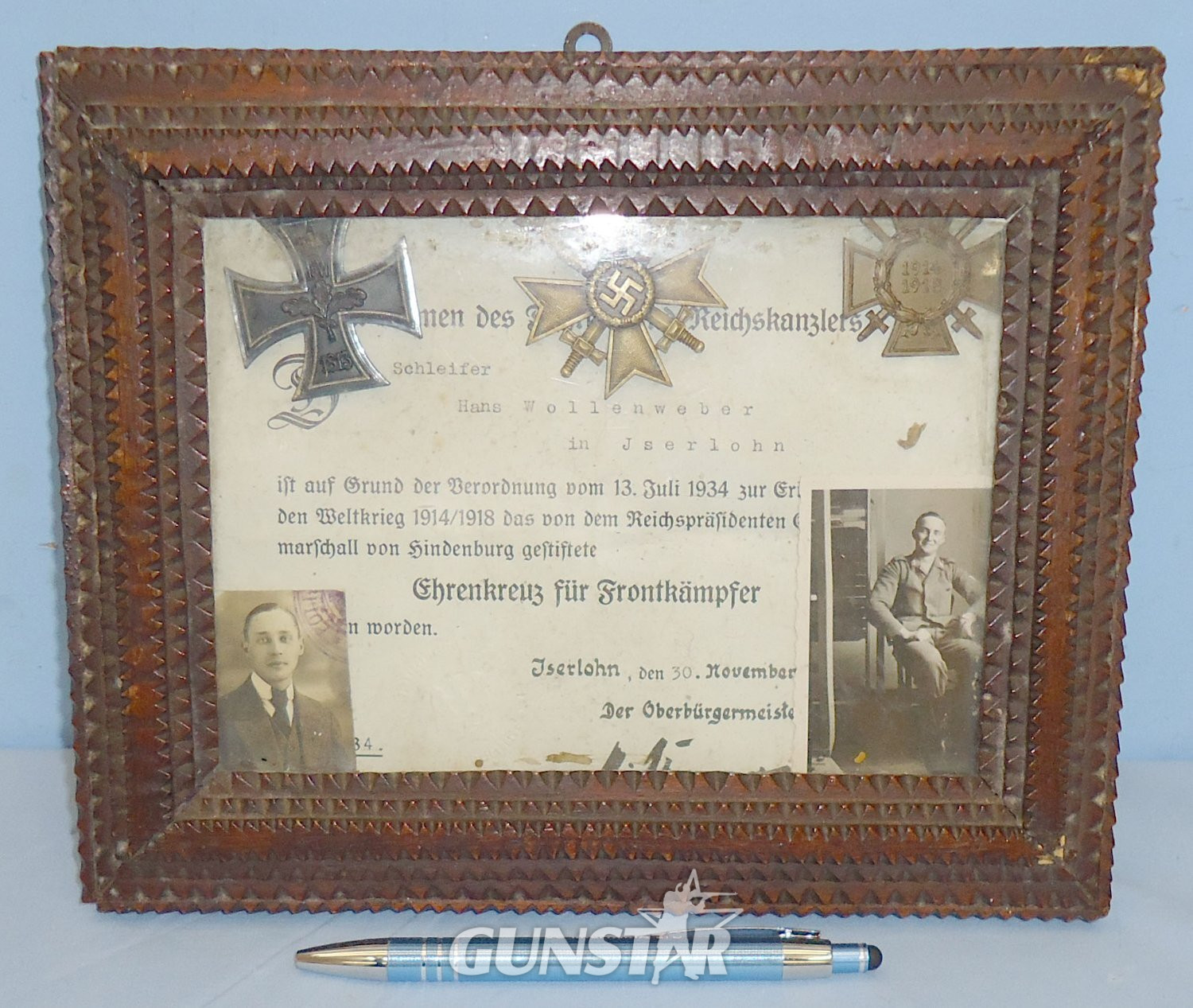 Original German* Framed Certificate Along with a Trio of Medals (WWI 1914 Iron Cross 1st Class-The Honour Cross of the World War 1914/1918-1939 Nazi 2nd Class War Merit Cross) to ‘Im namen des Fuhrers und Reichskanzlers (In the name of the Fuhrer and Re Original German* Framed Certificate Along with a Trio of Medals (WWI 1914 Iron Cross 1st Class-The Honour Cross of the World War 1914/1918-1939 Nazi 2nd Class War Merit Cross) to ‘Im namen des Fuhrers und Reichskanzlers (In the name of the Fuhrer and Re Antique & Militaria in 
