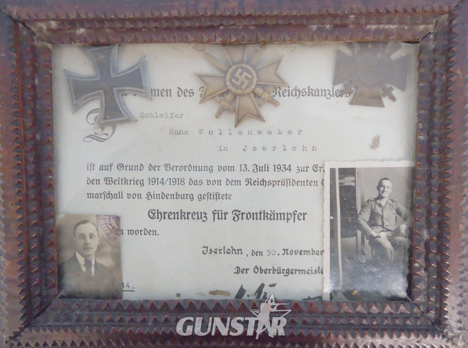 Original German* Framed Certificate Along with a Trio of Medals (WWI 1914 Iron Cross 1st Class-The Honour Cross of the World War 1914/1918-1939 Nazi 2nd Class War Merit Cross) to ‘Im namen des Fuhrers und Reichskanzlers (In the name of the Fuhrer and Re Original German* Framed Certificate Along with a Trio of Medals (WWI 1914 Iron Cross 1st Class-The Honour Cross of the World War 1914/1918-1939 Nazi 2nd Class War Merit Cross) to ‘Im namen des Fuhrers und Reichskanzlers (In the name of the Fuhrer and Re Antique & Militaria