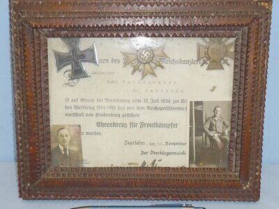 Original German* Framed Certificate Along with a Trio of Medals (WWI 1914 Iron Cross 1st Class-The Honour Cross of the World War 1914/1918-1939 Nazi 2nd Class War Merit Cross) to ‘Im namen des Fuhrers und Reichskanzlers (In the name of the Fuhrer and Re Original German* Framed Certificate Along with a Trio of Medals (WWI 1914 Iron Cross 1st Class-The Honour Cross of the World War 1914/1918-1939 Nazi 2nd Class War Merit Cross) to ‘Im namen des Fuhrers und Reichskanzlers (In the name of the Fuhrer and Re Antique & Militaria