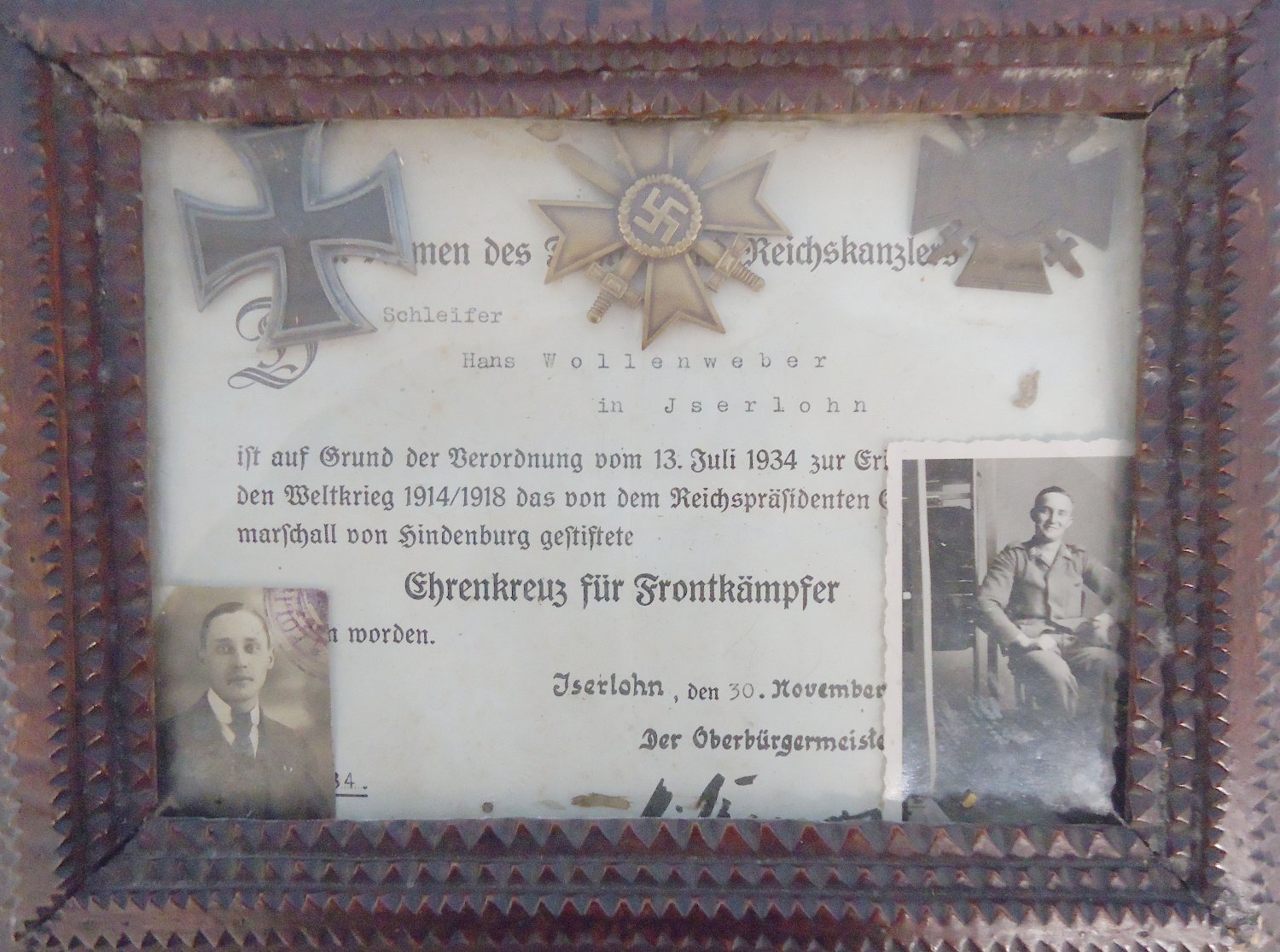 Original German* Framed Certificate Along with a Trio of Medals (WWI 1914 Iron Cross 1st Class-The Honour Cross of the World War 1914/1918-1939 Nazi 2nd Class War Merit Cross) to ‘Im namen des Fuhrers und Reichskanzlers (In the name of the Fuhrer and Re Original German* Framed Certificate Along with a Trio of Medals (WWI 1914 Iron Cross 1st Class-The Honour Cross of the World War 1914/1918-1939 Nazi 2nd Class War Merit Cross) to ‘Im namen des Fuhrers und Reichskanzlers (In the name of the Fuhrer and Re Antique & Militaria