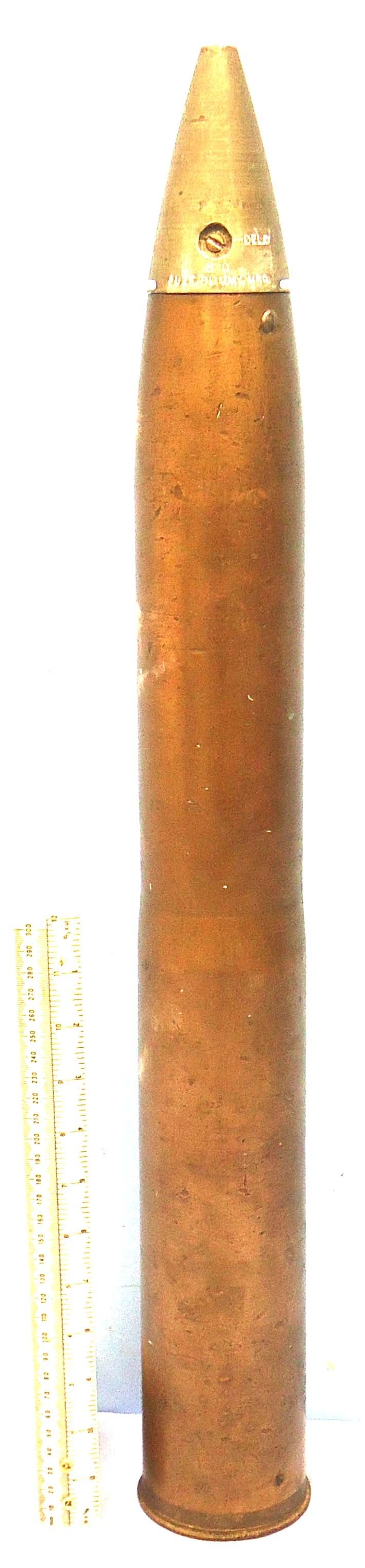 WW2, American 75mm (75x350R) Steel and Brass, weighted DRILL M48 High Explosive Round with a DRILL M59 Super Quick Fuze for the Sherman M4 Tank. O 2421 WW2, American 75mm (75x350R) Steel and Brass, weighted DRILL M48 High Explosive Round with a DRILL M59 Super Quick Fuze for the Sherman M4 Tank. O 2421 Various Other Ammunition - {CATEGORY} in 