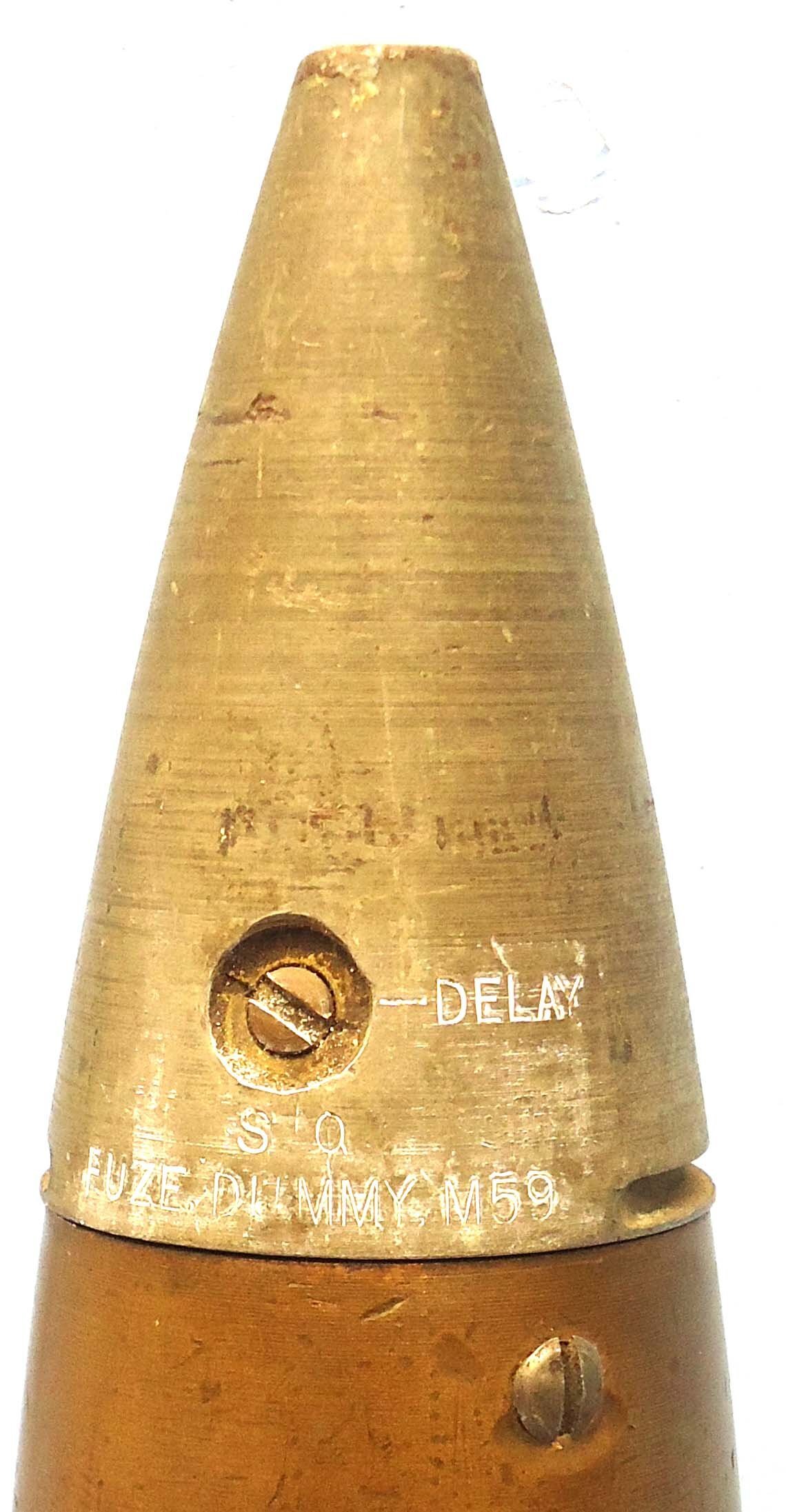WW2, American 75mm (75x350R) Steel and Brass, weighted DRILL M48 High Explosive Round with a DRILL M59 Super Quick Fuze for the Sherman M4 Tank. O 2421 WW2, American 75mm (75x350R) Steel and Brass, weighted DRILL M48 High Explosive Round with a DRILL M59 Super Quick Fuze for the Sherman M4 Tank. O 2421 Various Other Ammunition - {CATEGORY}