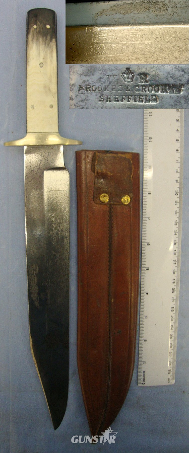 LARGE**Victorian British American Wild West Export Brookes & Crookes Sheffield Bowie Knife With Polished Horn Scales & Locomotive Emitting Steam Pulling Coal Tender & Passenger Carriages Etched Blade. Sn 22078 Knive