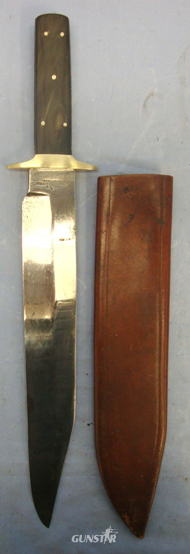  LARGE**Victorian British American Wild West Export Brookes & Crookes Sheffield Bowie Knife With Polished Horn Scales & Locomotive Emitting Steam Pulling Coal Tender & Passenger Carriages Etched Blade. Sn 22078 Knive