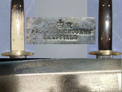 LARGE**Victorian British American Wild West Export Brookes & Crookes Sheffield Bowie Knife With Polished Horn Scales & Locomotive Emitting Steam Pulling Coal Tender & Passenger Carriages Etched Blade. Sn 22078 Knive