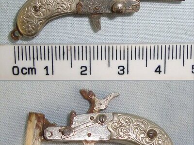 MINIATURE**EXPERTLY CRAFTED**Austrian Form Late 19th Century Break Action Pin Fire Metal Pistol With Foliate Decorated German Silver Grips. Sn 23564:5 miniature pistol Obsolete Single Shot
