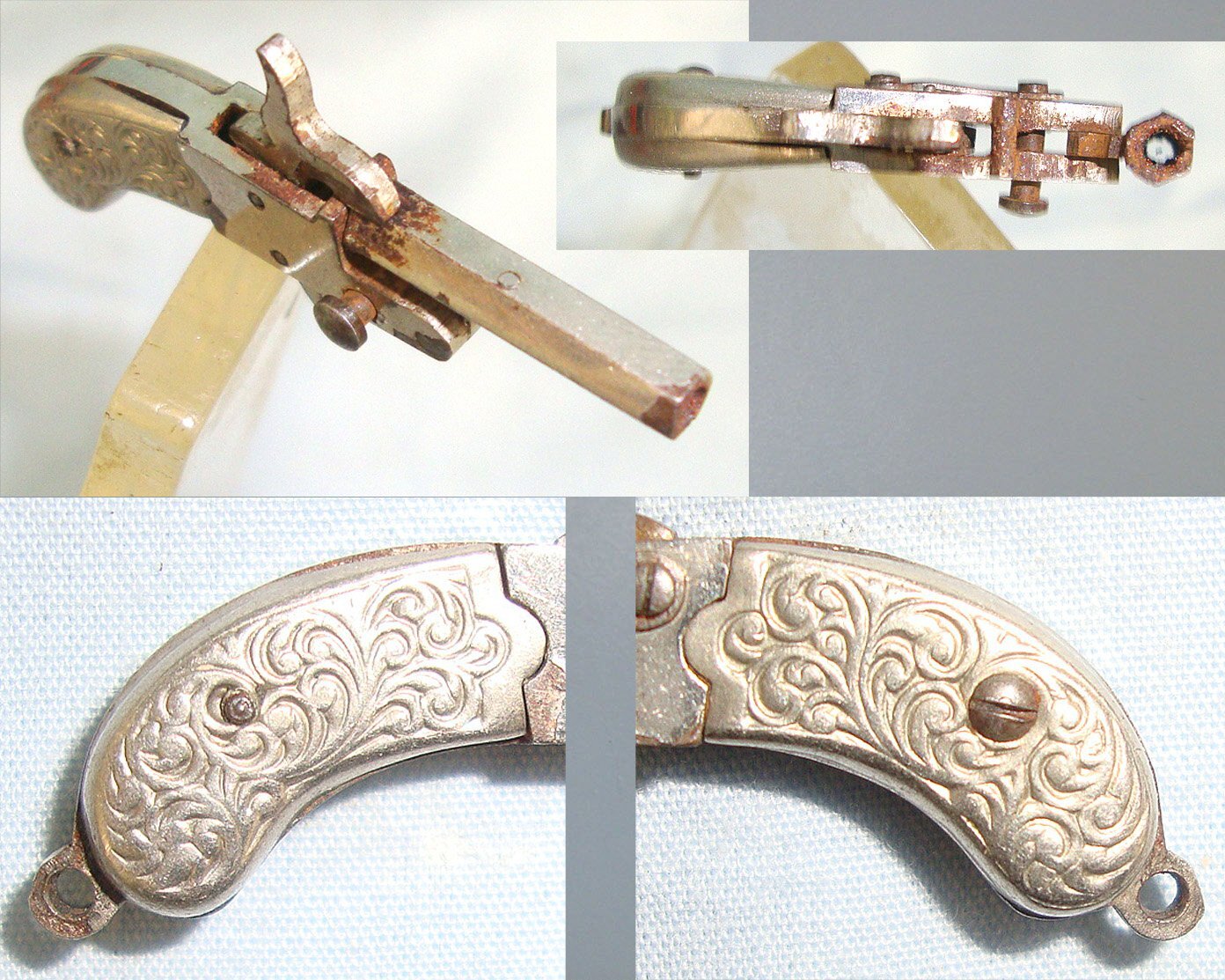 MINIATURE**EXPERTLY CRAFTED**Austrian Form Late 19th Century Break Action Pin Fire Metal Pistol With Foliate Decorated German Silver Grips. Sn 23564:5 miniature pistol Obsolete Single Shot