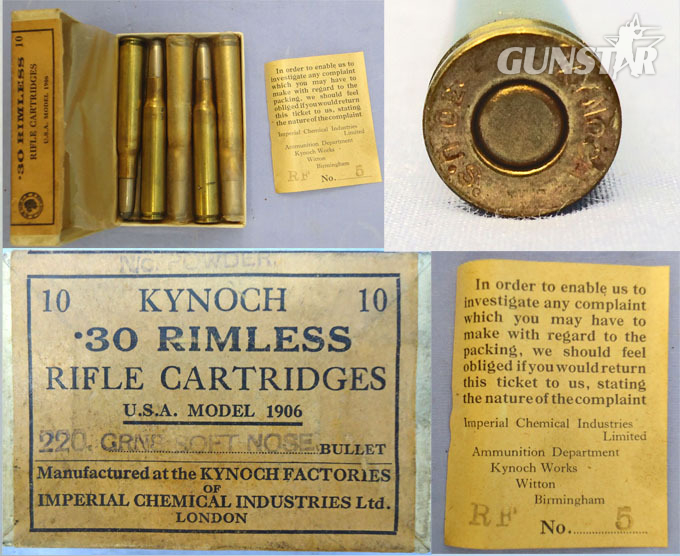 Kynoch INERT DEACTIVATED. British, Original, 10 Round Carton Of Kynoch .30 Rimless Rifle Cartridges For The U.S.A. Model 1906. Sn - 20942:3  Other Ammunition