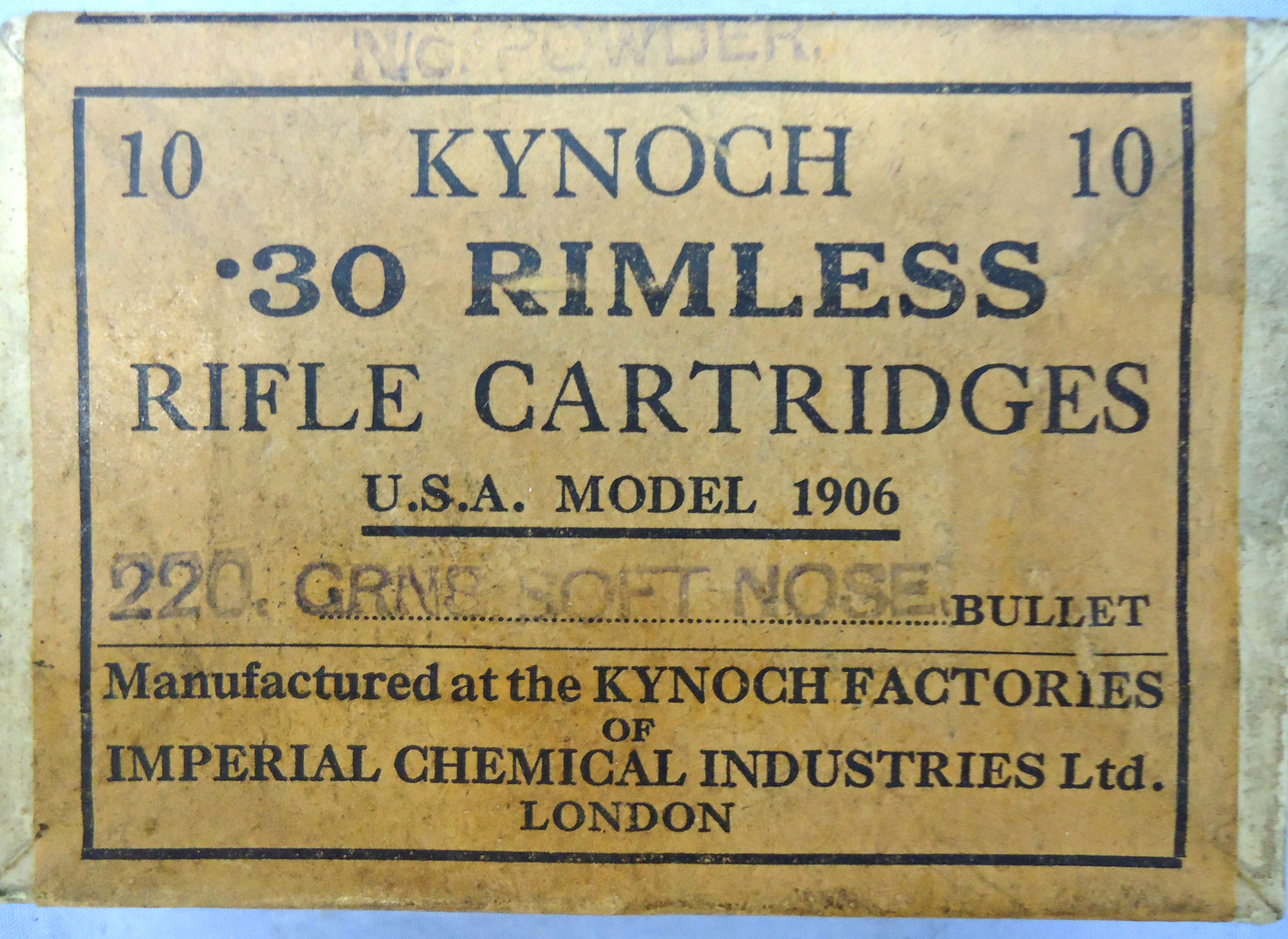 Kynoch INERT DEACTIVATED. British, Original, 10 Round Carton Of Kynoch .30 Rimless Rifle Cartridges For The U.S.A. Model 1906. Sn - 20942:3  Other Ammunition 