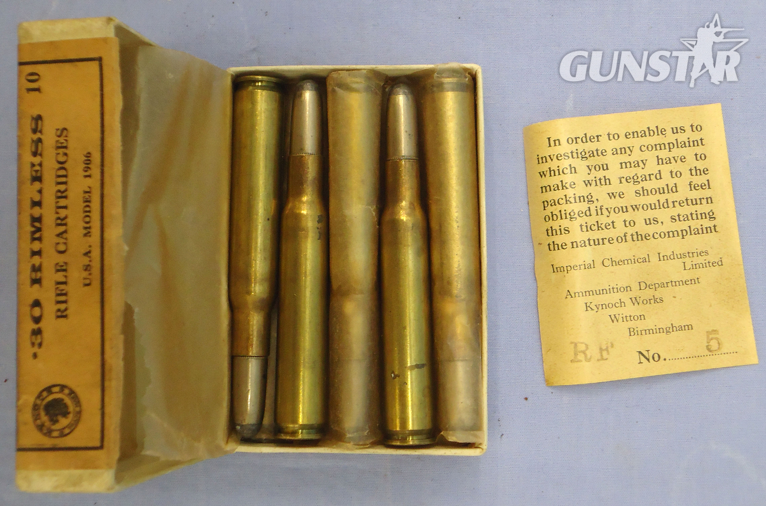 {CATEGORY} - Kynoch INERT DEACTIVATED. British, Original, 10 Round Carton Of Kynoch .30 Rimless Rifle Cartridges For The U.S.A. Model 1906. Sn - 20942:3  Other Ammunition in 