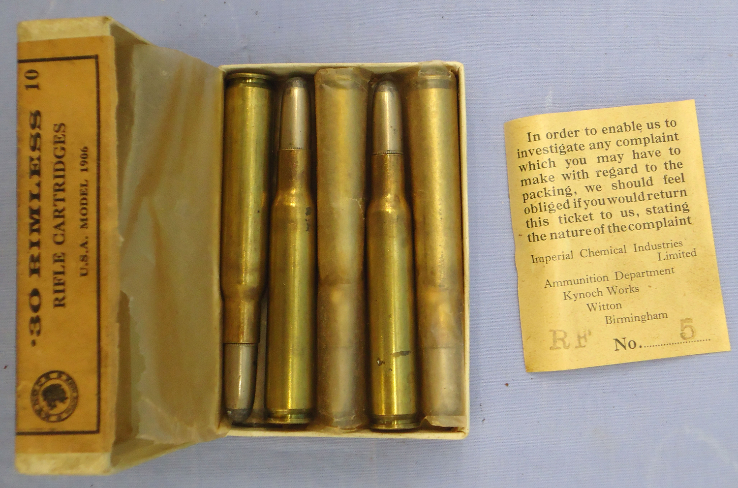 {CATEGORY} - Kynoch INERT DEACTIVATED. British, Original, 10 Round Carton Of Kynoch .30 Rimless Rifle Cartridges For The U.S.A. Model 1906. Sn - 20942:3  Other Ammunition in 