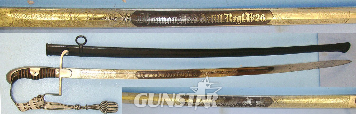 QUALITY**WW1 Era Imperial Prussian Mounted Field Artillery Officer’s Quality Etched & Blued Panels Blade Dress Sword To ‘2nd Hanover Field Artillery Regiment No. 26’ With Bullion Stitched Cord, Portepee & Scabbard. Sn 23484:16 Sword in 