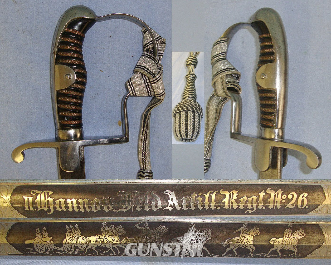 QUALITY**WW1 Era Imperial Prussian Mounted Field Artillery Officer’s Quality Etched & Blued Panels Blade Dress Sword To ‘2nd Hanover Field Artillery Regiment No. 26’ With Bullion Stitched Cord, Portepee & Scabbard. Sn 23484:16 Sword