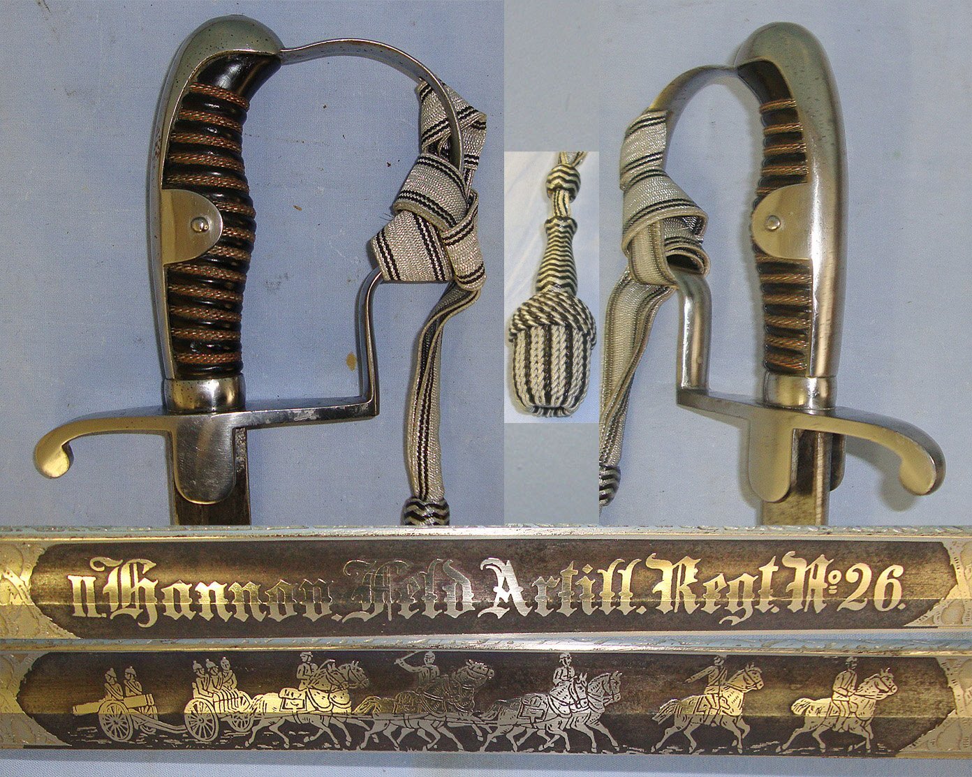 QUALITY**WW1 Era Imperial Prussian Mounted Field Artillery Officer’s Quality Etched & Blued Panels Blade Dress Sword To ‘2nd Hanover Field Artillery Regiment No. 26’ With Bullion Stitched Cord, Portepee & Scabbard. Sn 23484:16 Sword
