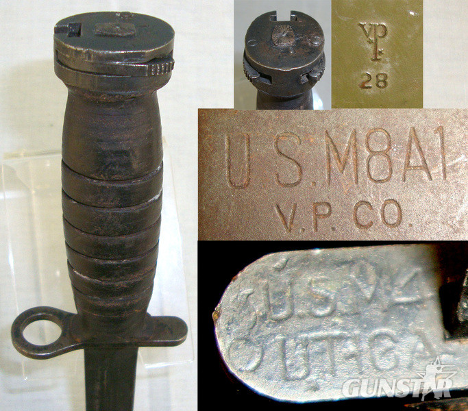 WW2 Era U.S Army M4 Knife Bayonet By Utica For M1 Carbines & Early M8A1 Scabbard By VP Co (Victory Plastics Company). Bayonet