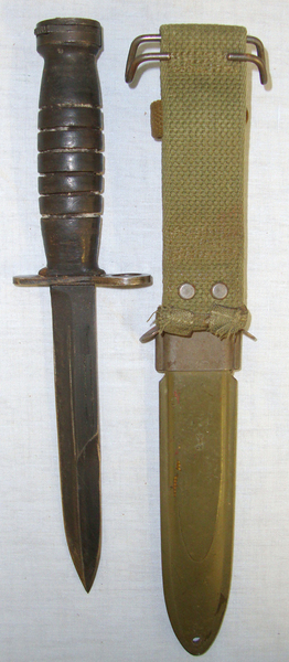  WW2 Era U.S Army M4 Knife Bayonet By Utica For M1 Carbines & Early M8A1 Scabbard By VP Co (Victory Plastics Company). Bayonet