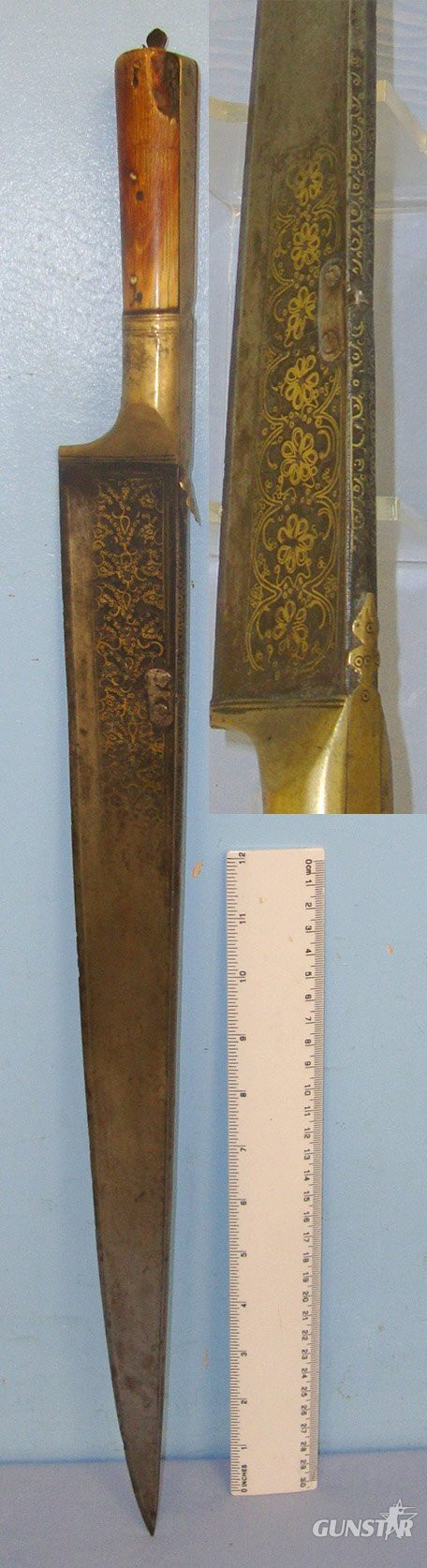 RARE ORIGINAL BATTLE DAMAGE REPAIRED**LARGE**Victorian Era North West Frontier Afghan/ Pashtun Tribe Sword Size Khyber Knife With Foliate Panel Brass Inlaid Decoration. Sn 21979:4 Knive in 