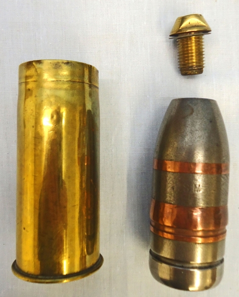 DEACTIVATED INERT. British Boer War Era, Vickers Son & Maxim 37mm (37 x 94R) Pom Pom Nose Fused HE (High Explosive) Round - O 1813 DEACTIVATED INERT. British Boer War Era, Vickers Son & Maxim 37mm (37 x 94R) Pom Pom Nose Fused HE (High Explosive) Round - O 1813  Other Ammunition - {CATEGORY}
