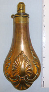 G. & J.W. Hawksley Large Embossed Shell & Bush Design Copper Black Powder Flask With Graduated, Spr Antique & Militaria